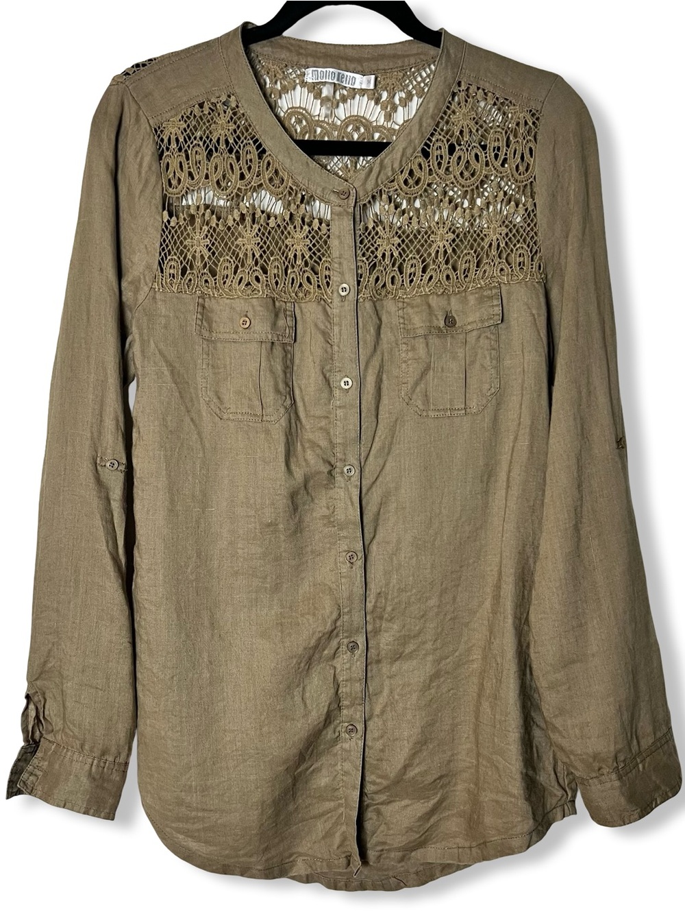 Boho Monoreno Olive Green Linen Crochet Lace Yoke Utility Safari Blouse Sz M